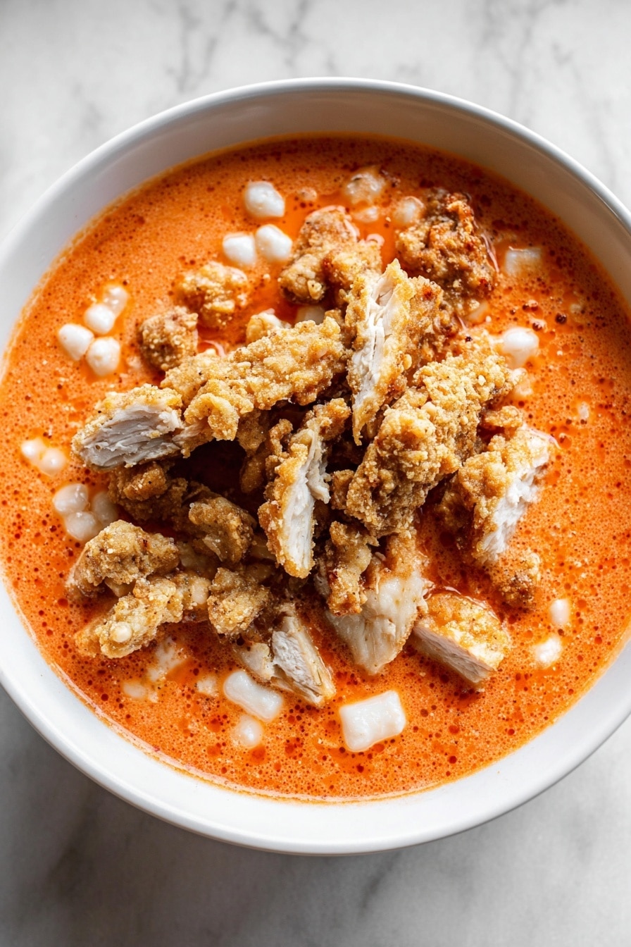 A white bowl on a white marbled surface holds a creamy orange-red soup with small white curds mixed in. On top, there is a layer of crispy, light brown pieces of fried chicken, torn into chunky strips and piled in the center. The soup looks thick with a smooth but slightly chunky texture, and the chicken pieces have a crunchy texture with a golden-brown coating. Photo taken with an iphone --ar 2:3 --v 7 - High Protein Cottage Cheese Chicken Parm Bowl, healthy chicken parm bowl, quick protein-packed dinner, cottage cheese chicken recipe, easy high-protein meal