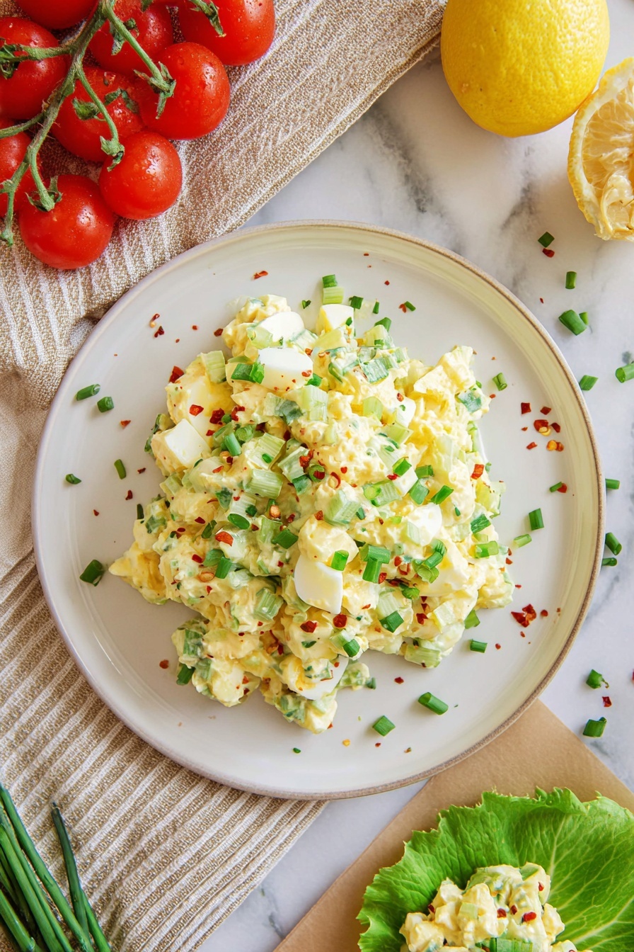 Cottage Cheese Egg Salad Recipe 6 The image shows a close-up of a spoon held by a woman's hand, lifting a creamy yellow egg salad mixed with green chives and small red spice flakes. In the background, there is a white plate filled with more egg salad, with visible chunks of egg white and yolk mixed with green herbs. On the white marbled surface below, there is an open-faced sandwich layered with green leafy lettuce and topped with a generous scoop of the egg salad. A lemon half and a small piece of red tomato are also visible nearby, adding color to the scene. The setup is bright and fresh, focusing on the texture and colors of the egg salad and fresh vegetables. photo taken with an iphone --ar 2:3 --v 7 - Cottage Cheese Egg Salad, healthy egg salad, light lunch ideas, protein-packed salads, easy egg salad recipes