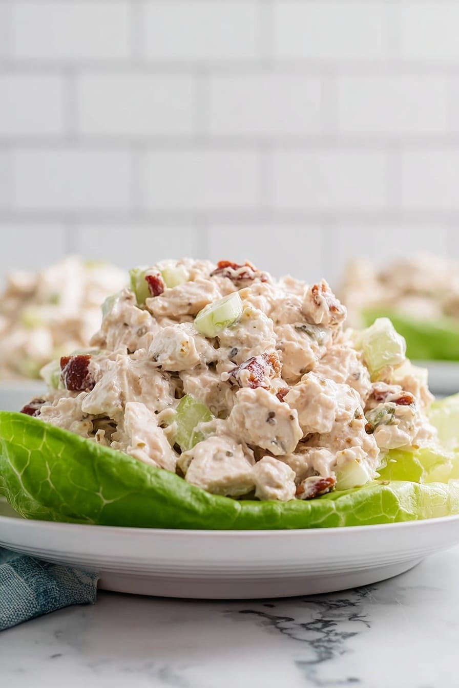 Southern Chicken Salad with Pecans Recipe 6 A white plate with a single large green lettuce leaf on the bottom, holding a creamy chicken salad piled high in the center. The chicken salad has a light beige color with visible chunks of white chicken, small bits of celery in pale green, and pieces of reddish-brown nuts or bacon mixed throughout. The creamy texture looks soft and moist, with a few pepper specks scattered in the salad. The background has a white marbled surface and a white tiled wall, giving a clean and bright look. Photo taken with an iphone --ar 2:3 --v 7 - Southern Chicken Salad with Pecans, Chicken Salad with Pecans, Easy Southern Chicken Salad, Creamy Pecan Chicken Salad, Nutty Chicken Salad