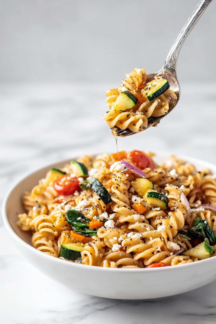 Roasted Veggie Pasta with Feta Recipe 8 A white bowl holds a colorful pasta salad with three main layers. The bottom layer is curly, light yellow pasta shapes filling the bowl. On top of the pasta are pieces of green zucchini, orange bell peppers, dark green leafy arugula, and red cherry tomatoes, all cut into small pieces. Thin slices of purple onion are scattered across, adding color and texture. White crumbles of cheese are sprinkled over everything, and a silver fork rests inside the bowl on the right side. The bowl sits on a white marbled surface. Photo taken with an iphone --ar 2:3 --v 7 - Roasted Veggie Pasta with Feta, roasted vegetable pasta, feta pasta recipe, quick healthy pasta, veggie and feta pasta