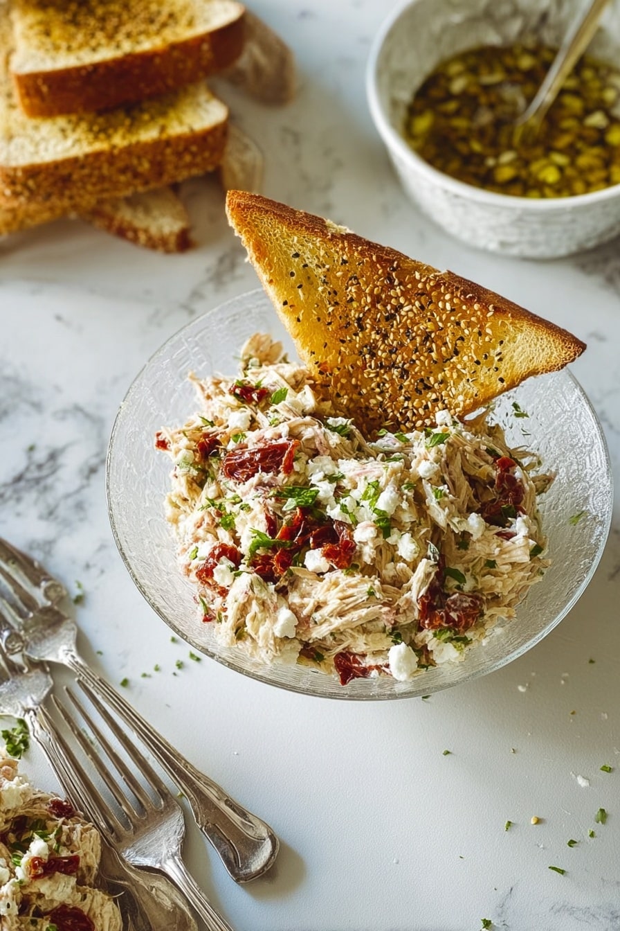 Baked Feta Pasta with Chicken Recipe 8 The image shows a clear glass bowl filled with a creamy mix of shredded light-colored meat, thin slices of white cheese, bits of red sun-dried tomatoes, and small white cheese crumbles, all topped with finely chopped green herbs. Resting on the bowl's edge is a large toasted triangular slice of bread with a golden color and sprinkled with seeds. The bowl is placed on a white marbled surface, with two silver forks nearby and more toasted bread pieces stacked in the top left corner. Part of a white bowl filled with an olive oil and seed mixture is visible at the top right. The overall scene is bright with natural light, and the textures of the crunchy bread and creamy salad stand out clearly photo taken with an iphone --ar 2:3 --v 7 - Baked Feta Pasta with Chicken, easy baked feta pasta, creamy chicken pasta bake, one-pan feta pasta, quick weeknight dinner